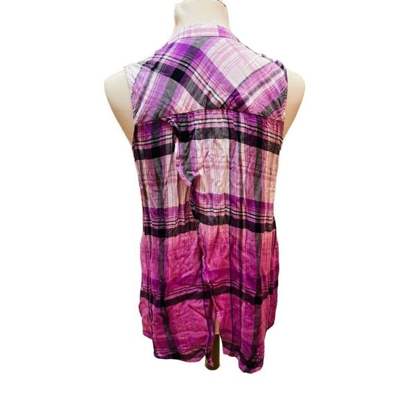 Rock & Republic Purple Checkered Split Back Sleeveless Button Front 100% Rayon B - Picture 3 of 14